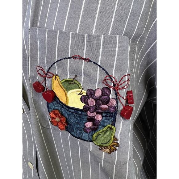 VTG Karen Scott Womens Button Up Shirt Embroidery Gardencore Stripped Gray Sz S - Picture 4 of 14
